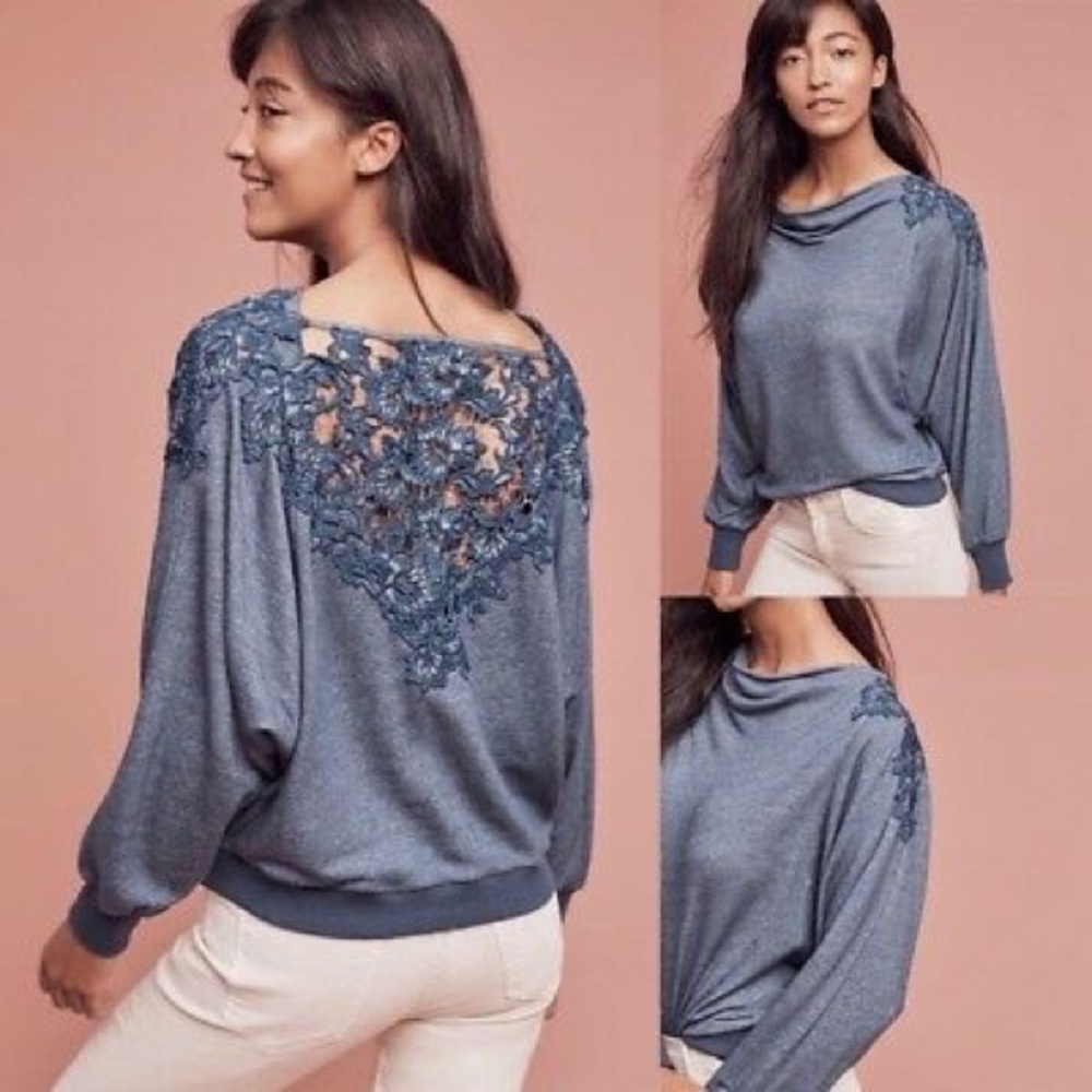 Meadow Rue Bria Lace Back Pullover Teal Silver XS